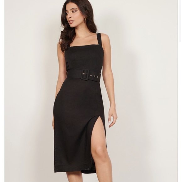 TOBI TO BE HONEST BLACK LINEN MIDI SLIT DRESS - Picture 1 of 4